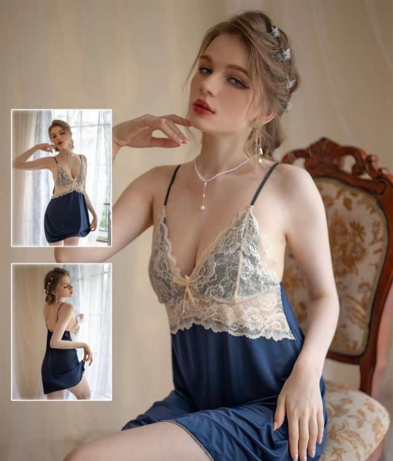 New style 2 p  Satin silk Embroidery short nighty