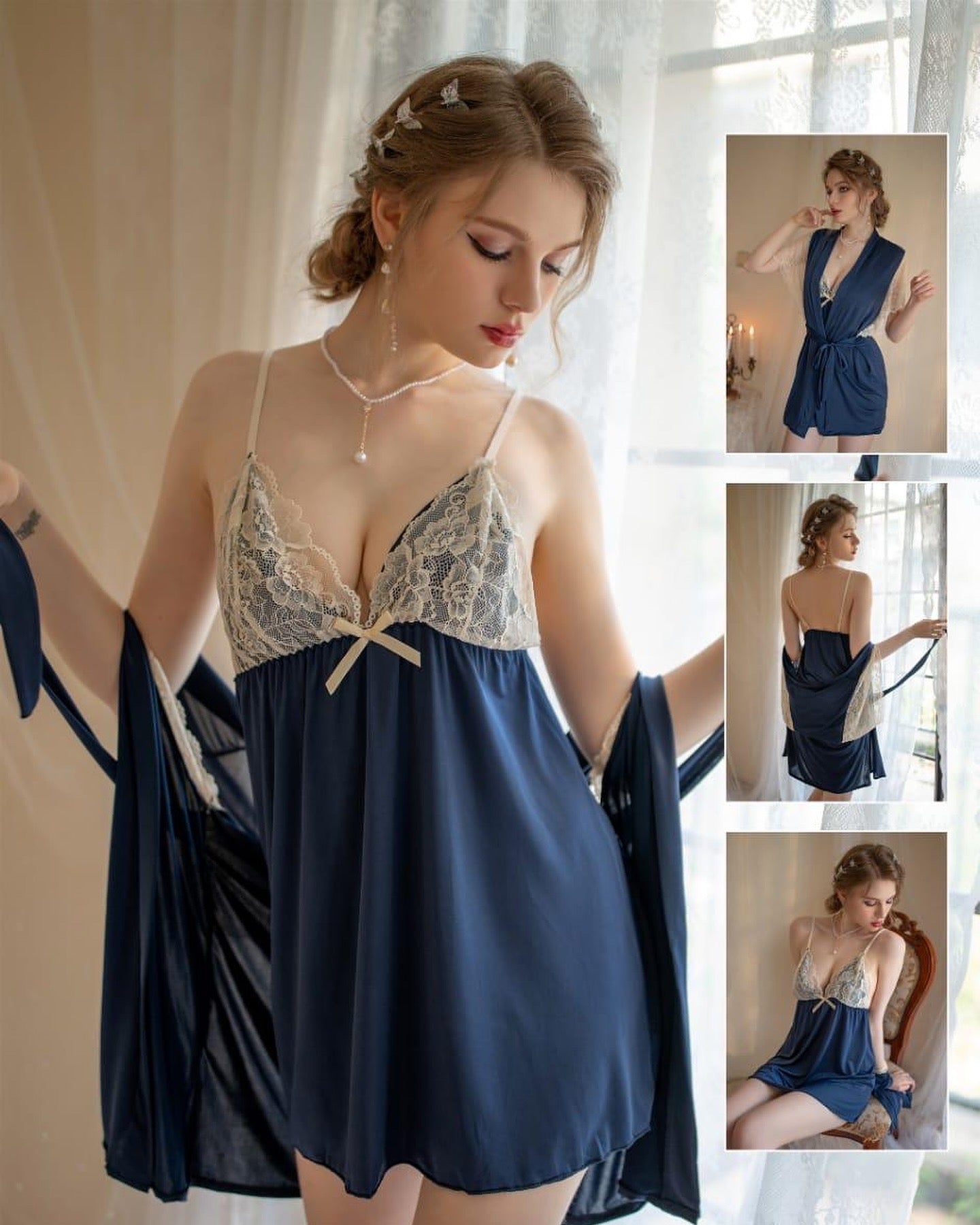 3 Piece Satin Silk Embraided Nighty with Gown