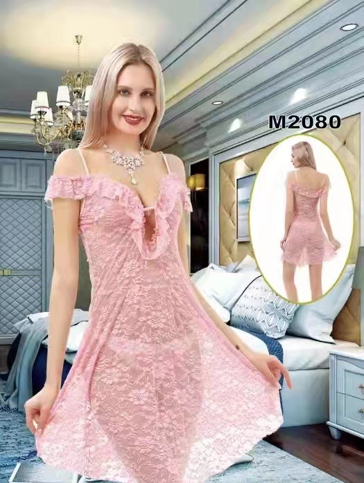 Women Night Dress Nightwear Short Nighty with painty Lace Nightgown-M2080