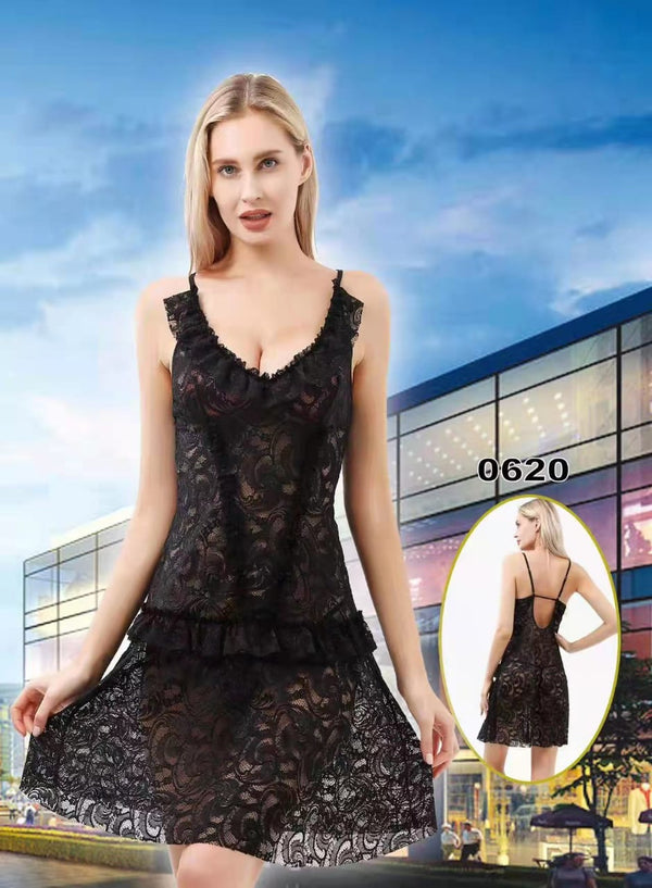 Women Deep-V Lace Short Strappy NightdressUnderwear -0620