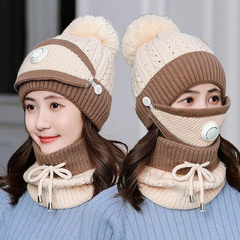 Hot sale Korean style winter Hat scarf mask three-piece set Warm wool knit hat and wool thickened bike ear protector