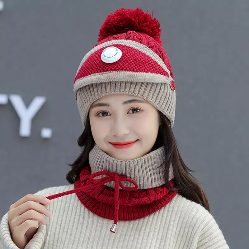 Hot sale Korean style winter Hat scarf mask three-piece set Warm wool knit hat and wool thickened bike ear protector