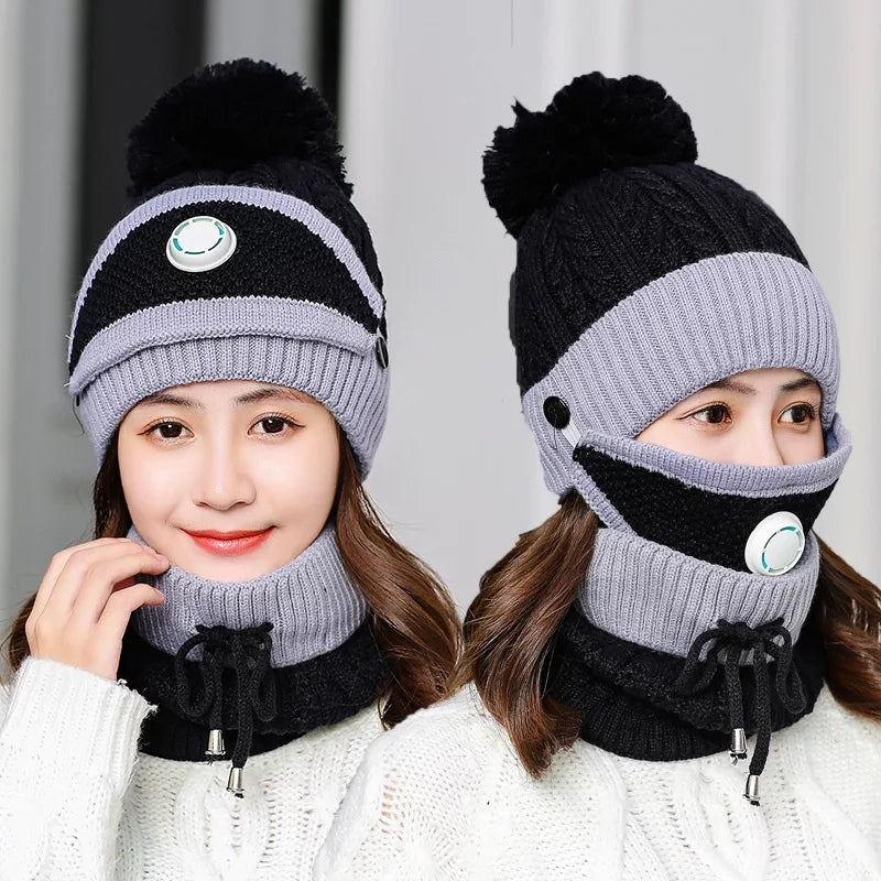 Hot sale Korean style winter Hat scarf mask three-piece set Warm wool knit hat and wool thickened bike ear protector