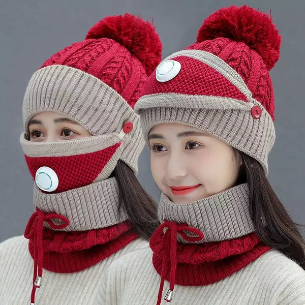 Hot sale Korean style winter Hat scarf mask three-piece set Warm wool knit hat and wool thickened bike ear protector
