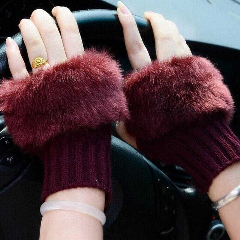 PACK OF 2 Women Gloves Stylish Hand Warmer Winter Half Finger Mittens Ladies Rabbit fur Wool Embroidery Knitted Wrist Warm Mittens Hot Sale
